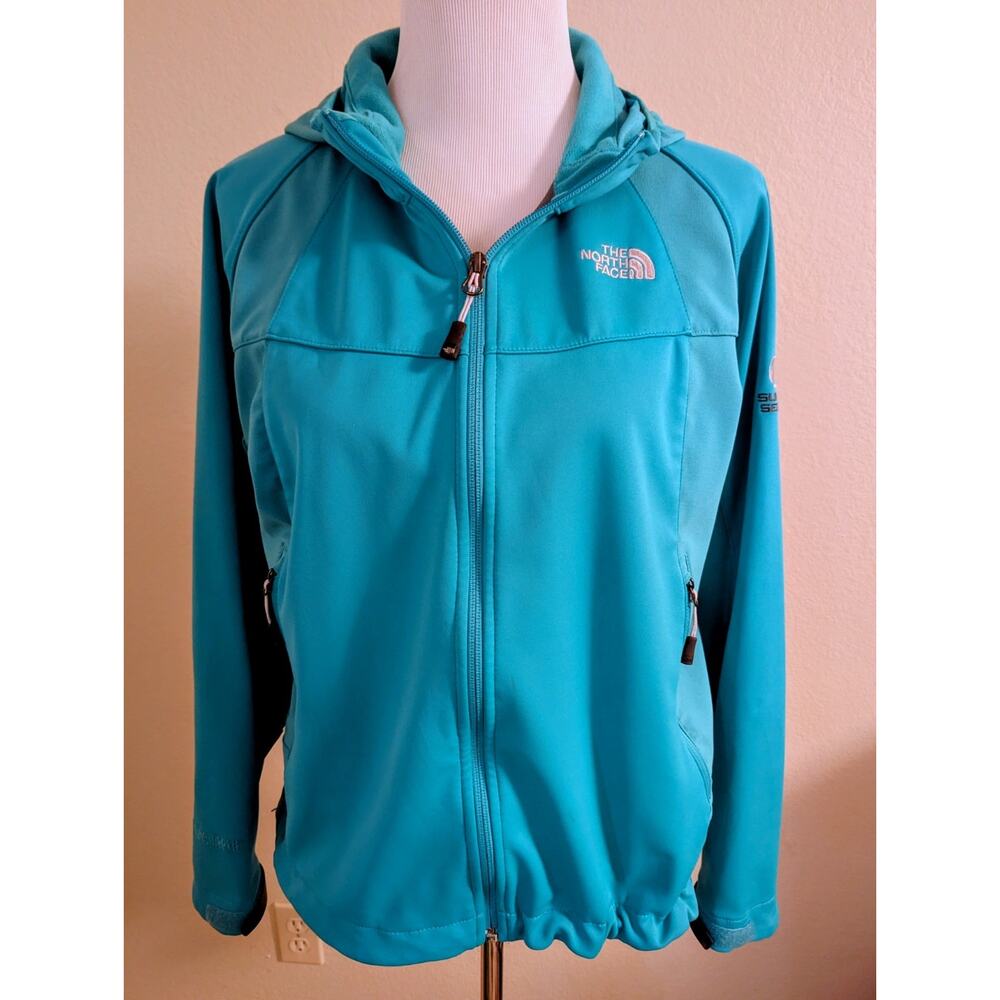 The North Face Summit Series Women's Large Turquoise Softshell Hooded Jacket...